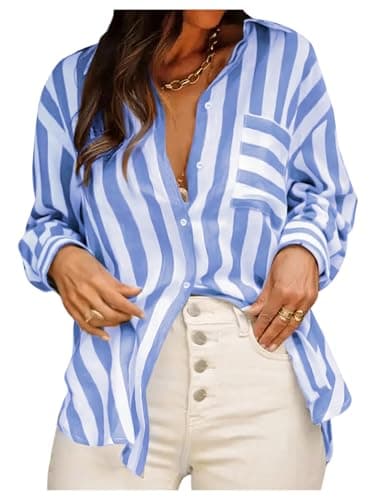 GORGLITTER Women's Striped Button Down Shirt Dressy Long Sleeve Blouses Business Casual Collared Office Siren Work Shirt Blue Large - Image 1