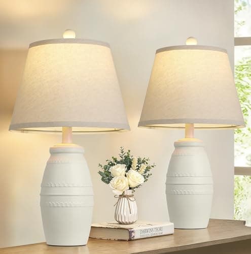 QiMH Farmhouse Table Lamps Set of 2, Bedside Lamps for Living Room, Modern Table Lamp for Bedroom, 21.5" Vintage Rustic Nightstand Lamp with Linen Shade, Retro Side Table Lamp for Office Home, White - Image 1