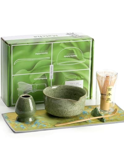 Matcha Whisk Set Ceramic Matcha Kit Set Includes Matcha Bowl, Matcha Whisk and Holder, Bamboo Scoop, Scoop Rest, Sifter and Tea Towel - 7 Pcs Matcha Kit for Matcha Lovers (Matcha Green) - Image 1