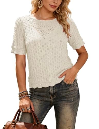 Wefebi Women's Cotton Puff Short Sleeve Crochet Knit Tops Crew Ceck Pullover Sweaters with Scalloped Hem Design(Beige-S) - Image 1