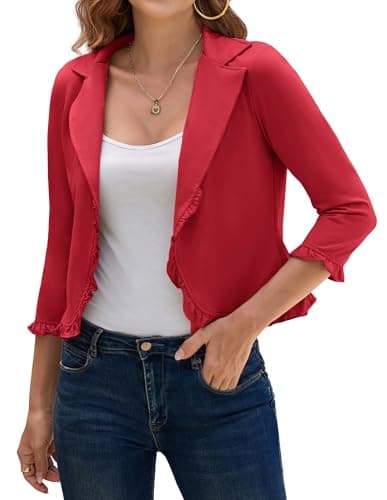 GRACE KARIN Women 3/4 Sleeve Cropped Blazer Lightweight Open Front Cotton Cardigan Jacket for Business Casual Bright red L - Image 1
