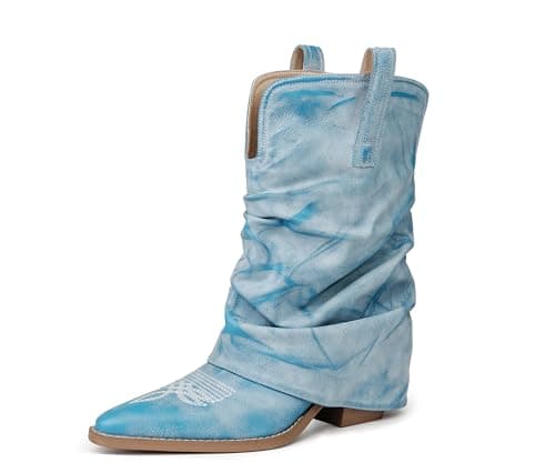 feetquake Wide Calf Cowboy Boots Women Chunky Heels Mid Calf Western Boots Vintage Baby Blue Cowgirl Boots Women 6.5M - Image 1