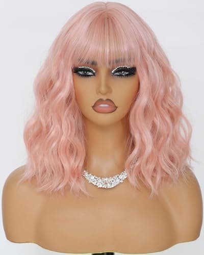 Monaluxe Pastel Short Bob Wigs with Bang Synthetic Loose Curly Wavy Rose Gold Pink Bob Wig Shoulder Length for Women Daily Colorful Wig 12 Inch - Image 1