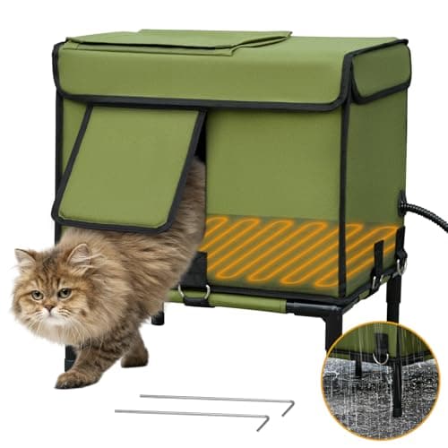Palopalo Dewproof Heated Cat House for Outdoor Winter, Insulated Discreet Pet Shelter with Waterproof Heating Pad & Escape Door for Feral, Stray, Barn Kitty Cats (Army Green, 16.5"x12.5"x17.7") - Image 1