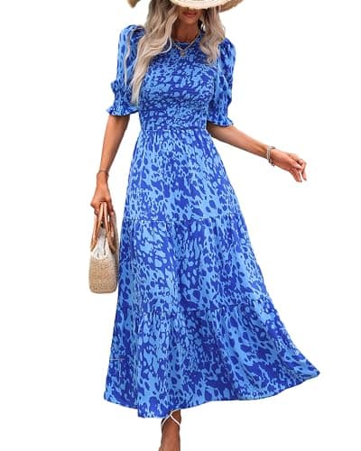 BTFBM Women Casual Summer Dresses 2025 Spring Crew Neck Ruffle Short Sleeve Floral Print Smocked Boho Flowy Maxi Dress(Print Blue, Large) - Image 1