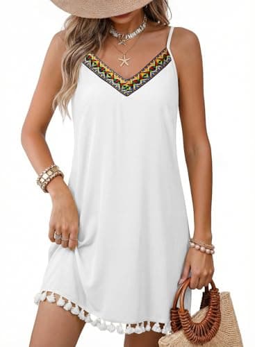 Dokotoo Summer Sundresses for Women Spaghetti Straps Cute Sundress Boho Tassel Lightweight Beach Dress V Neck Womens Dresses Spring Vacation Outfits for Women Swimsuit Cover Up White Dress - Image 1
