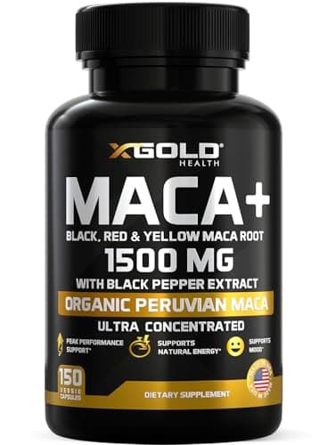 X Gold Health Maca Root Capsules 1500mg – Organic Peruvian Black Red Yellow Maca with Black Pepper, Energy Libido Mood & Reproductive Health Support - Image 1