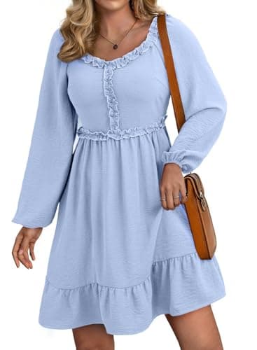 Dokotoo Womens Fall Dresses Smocked Sweetheart Neck Long Sleeve Elegant Empire Waist Ruffled Trim A-line Mini Dress Flowy Dresses Sky Blue Small - Image 1