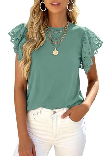 PRETTYGARDEN Womens Spring Tops Trendy 2026 Solid Color Ruffle Lace Short Sleeve Work Blouses Casual Crew Neck Cute T Shirt (Green, Medium) - Image 1