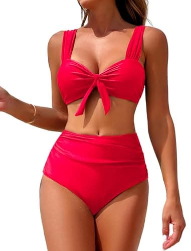 ZAFUL Swim Suits for Women 2026 Ruched Tummy Control Two Piece Swimsuit Tie Knot High Waisted Bikini Sets for Women Red S - Image 1