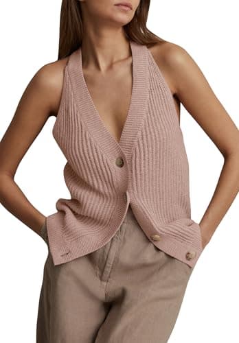 Women Button Down Sweater Vest Top Sleeveless Knit Tank Tops Summer Cardigan Vest Pink XL - Image 1