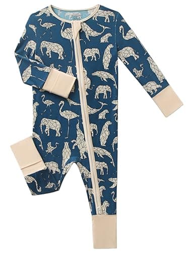 Joonberry Infant Baby Girl Clothing Bamboo Rayon Footies, Newborn outfit Footed Long Sleeve Jumpsuit with Zipper and Mitten Cuffs (Geometric Animals, 3-6M) - Image 1