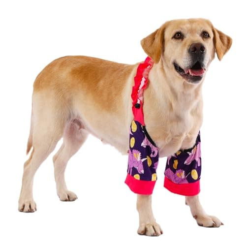 LovinPet Front Leg Sleeves for Medium and Large Dogs, 4-Way Stretch Elbow Protection, Anti-Lick Recovery, Warmth and Callus Prevention, Pair, Dinosaur Print, Yellow Purple,3XL - Image 1