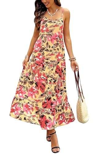 PRETTYGARDEN Women’s Summer Casual Loose Sleeveless Floral Sundress Spaghetti Strap Tiered Maxi Dress Flowy Beach Dresses (Yellow Red Flower, Small) - Image 1