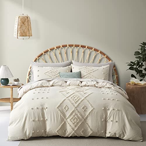 Oli Anderson Tufted Duvet Cover King Size, Soft and Lightweight Duvet Covers Set for All Seasons, 3 Pieces Boho Embroidery Shabby Chic Bedding Set (Beige, King, 104" x 90") - Image 1
