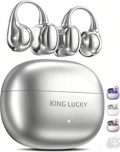 King Lucky Next-gen Clip on Earbuds Open Ear Wireless Bluetooth 6.0 Headphones with Mic,50H Play,ENC,IPX5 Waterproof,Sports Ear Buds,Comfortable for Small Ears&Fitness,Run (Silver, Standard)