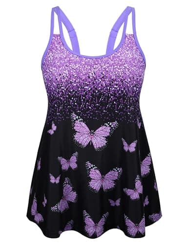 Hilor Women's Retro Bathing Suits Plus Size Tankini Tops Modest Swimwear Flowy Loose Fit Swim Tops Purple Ombre Butterfly 2XL/US14-16 - Image 1