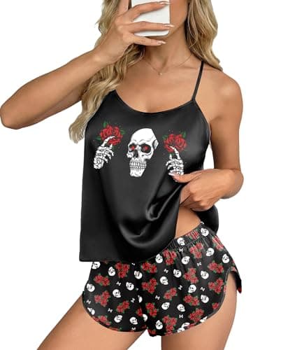 Ekouaer Satin Pajamas 2 Piece Silky Fun Black Skull Print Cross Back Tie-up Cami and Side Slit Shorts Bride Pjs for Women - Image 1