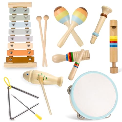 Baby Musical Instruments-Montessori Wooden Toys for Toddlers 1-3 Neutral Colors Percussion Instruments Set with Modern Boho Xylophone for Kids Preschool Educational,Includes Storage Bag - Image 1
