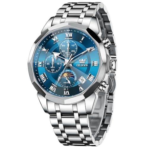 OLEVS Watch Men Luxury Sliver Stainless Steel Dress Waterproof Blue Face Wrist Watches for Men Classic Analog Quartz Moon Phase Chronograph Men Watch Relojes De Hombre - Image 1