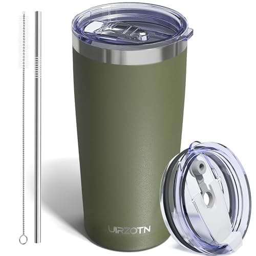 UIRZOTN Travel Coffee Tumbler 20oz, Leakproof Travel Coffee Mug with Dual Lids and Straw, Stainless Steel Double Wall Vacuum Insulated Tumbler for Hot/Iced Drinks (Army Green, Textured Matte) - Image 1