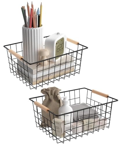 FavoThings Baskets for household purposes, Wire Basket with Wooden Handle, Metal Utility Storage Basket for Organizing Kitchen Pantry Cabinets, Metal Basket Storage Organizer (Black 2 Pack) - Image 1