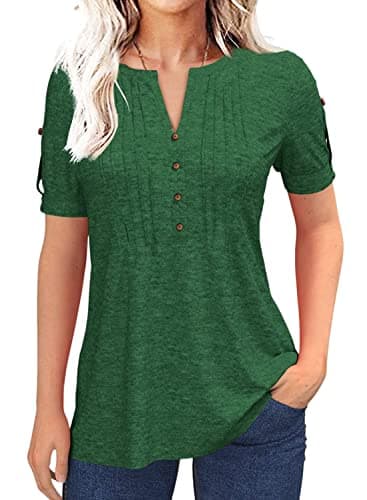 Women's Zipper Summer Pleated Button Short Sleeve T-Shirt Summer V-Neck Solid Color Casual top Green - Image 1
