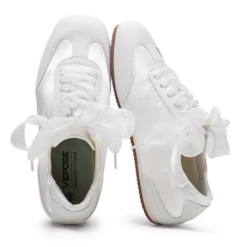 Vepose Women's Satin & Suede Gat Sneakers - White Retro Classic Fashion Trainers Ribbon Laces - Lightweight Memory Foam & Non-Slip Comfort Walking Shoes Travel, Size 6.5M US (CJY8202 White 06.5) - Image 1