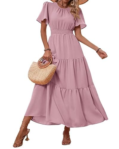 PRETTYGARDEN Women's Summer Casual Short Flutter Sleeve Round Neck Smocked Waist Tiered Boho Floral Flowy Maxi Dress(Solid Pink,XX-Large) - Image 1