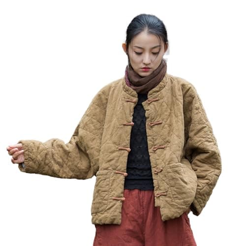MOYUYUNJIAN Women's Diamond Shaped Jacket Short Cotton Linen Quilted Oversized Coat Button Retro Winter Bohemian Top (US, Alpha, One Size, Regular, Regular, Khaki) - Image 1