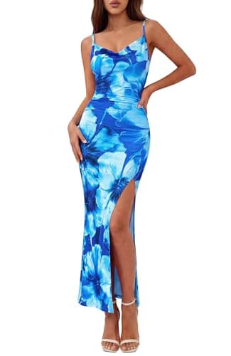 BTFBM Summer Dresses for Women 2026 Bodycon Spaghetti Strap Floral High Split Maxi Cocktail Wedding Guest Dress(Floral Blue,X-Large) - Image 1