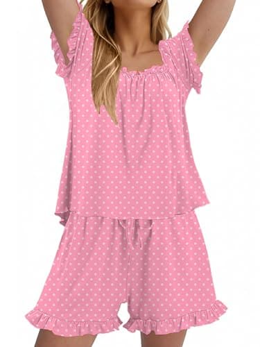 StunShow Modal Pajama Set Pyjamas Womens Shorts Cotton Pajamas Set Shorts Sleep PinkDot L - Image 1