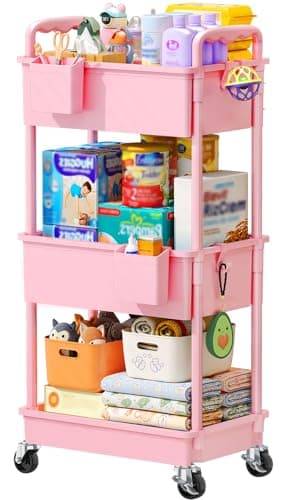 SUNALLY Baby Diaper Caddy Cart, 3 Tier Rolling Diaper Cart with Lockable Wheels for Nursery Essentials, Large Capacity & Easy Assemble Diaper Storage Organizer for Newborn,New Mom, Pink - Image 1
