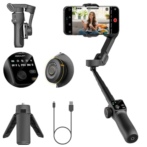 AOCHUAN 3-Axis Gimbal Stabilizer for iPhone, Smartphone Gimbal w/7.8" Extension Rod, OLED Display, Phone Stabilizer w/Face Tracking, Gesture Control, Video Record for iPhone & Android - Smart V8 Black - Image 1