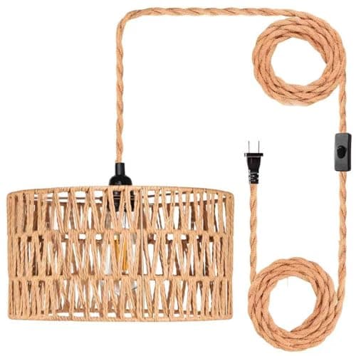 MUYIWEIDEN Plug in Hanging Lamp,Rattan Hanging Pendant Light with Plug in Cord, Boho Pendant Ceilling Light Fixture with Woven Lamp Shade for Living Room Bedroom Kitchen - Image 1