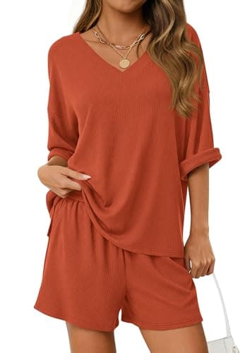 PRETTYGARDEN Womens 2 Piece Sets 2026 Oversized Vneck Half Sleeve Tops Shorts Lounge Set Casual Summer Travel Beach Outfits (Burnt Orange,XX-Large) - Image 1