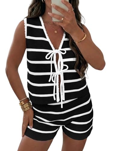 Fisoew Womens Striped Swimsuit Coverup Sets Sleeveless Bow Tie Tank Tops Knit Shorts Sets Loose Summer Beach Vacation Outfit Black - Image 1
