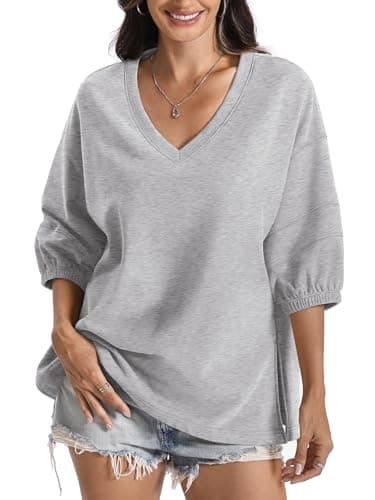 EasyGala Womens Cotton V Neck Sweatshirt 3/4 Sleeve Slouchy Fit Going Out Tops Trendy Side Slit Work Shirt Casual Fall Lightweight Outfits Y2K Winter Clothes 2025 Grey Small - Image 1