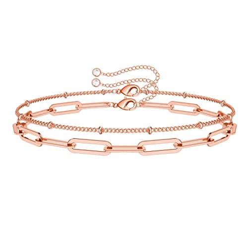 Turandoss 14K-Rose-Gold-Plated Bracelets for Women, 14K-Rose-Gold-Plated Layering Oval Chain Bracelet Cute Layered Beads Chain Bracelets for Women Jewelry(Oval Chain & Beads Chain) - Image 1