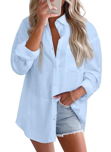 Astylish Womens Loose Fit Flowy Tunic Tops Office Casual Spring Summer Linen Cotton Gauze Button Up Shirts Roll Up Long Sleeve V Neck Breathable Camp Trendy Soft Cute Simple Blouses Sky Blue Small - Image 1