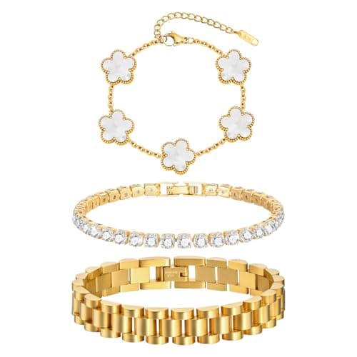 Stackable Gold Floral Bracelets Set - 3pcs 18K Gold Plated Bracelet Non-tarnish,Stainless Steel Link Chain Friendship Bracelet,Watch Band Trendy Jewelry,Christmas Valentines Birthday Gifts for Women - Image 1