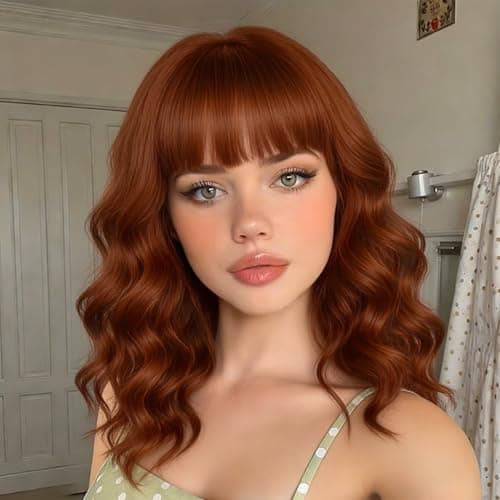 Beautier Ash Auburn Short Wavy Bob Wig with Bangs Shoulder Length Curly Wigs for Women Synthetic Hair Natural Looking Heat Resistant Hair Replacement Wigs (14 Inch) - Image 1