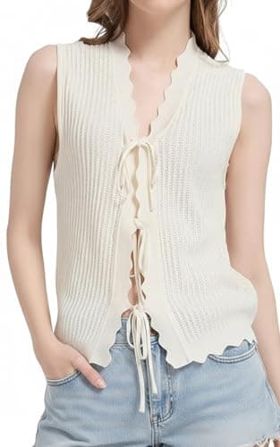 Orolay Boho Tie Front Crochet Vest for Women Scalloped Edge Sleeveless Knit Summer Tops Y2K Trendy - Image 1