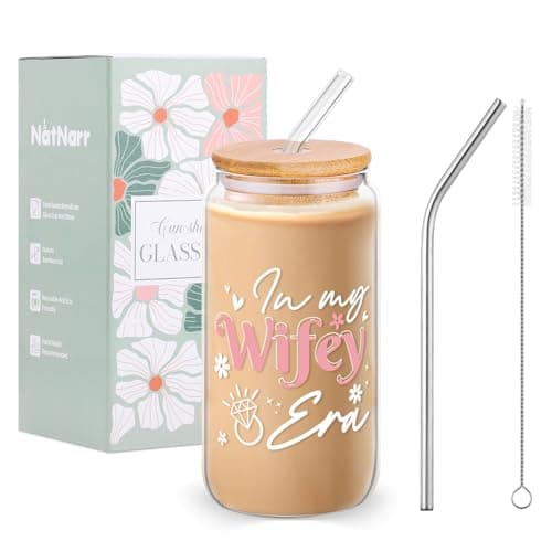 Bridal Shower Gift, Pink Bride to Be Gift Future Mrs Engagement Presents for Her Women Couples, 16 oz Cute Coffee Glass Cup with Lid and Straws Cleaning Brush Gift Wifey Era Cup Bachelorette Presents - Image 1