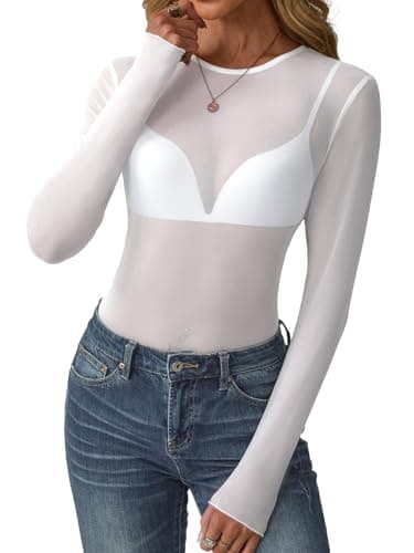 GKBK Womens Mesh Long Sleeve Tops Crew Neck Sexy See Through Tee Dressy Casual Shirts Party Club Night Lace Blouse Western Wear Outfit Clothes Going Out Clothing White XL - Image 1