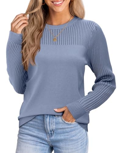 Womens Puff Sleeve Hollow Out Sweater Tops Crewneck Neck Long Sleeve Knit Slim Fit Blouse Elegant Basic Tee Tops Greyblue - Image 1