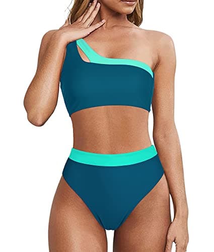 MOOSLOVER Women Cutout One Shoulder High Waisted Bikini High Cut Two Piece Swimsuits(XL,Navy Blue) - Image 1