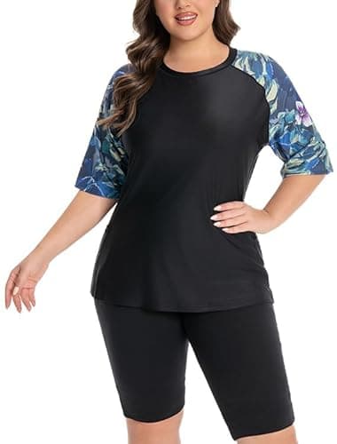 Women's Plus Size Rash Guard Swim Shirt UPF50+ Short Sleeve Sun Protection with Pockets | Tagless, Tummy Control & Mesh Vents (US, Alpha, XX-Large, Dark Print) - Image 1