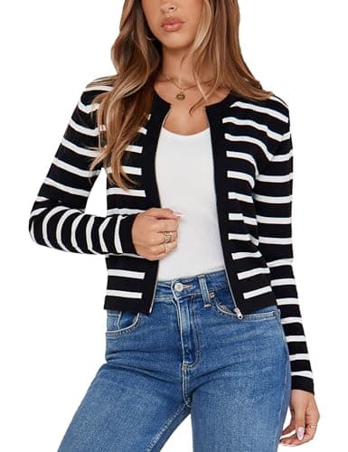 Totatuit Women Striped Cardigan Sweaters Cropped Knit Lady Jackets Coat 2025 Fall Outfits Trendy Clothes - Image 1