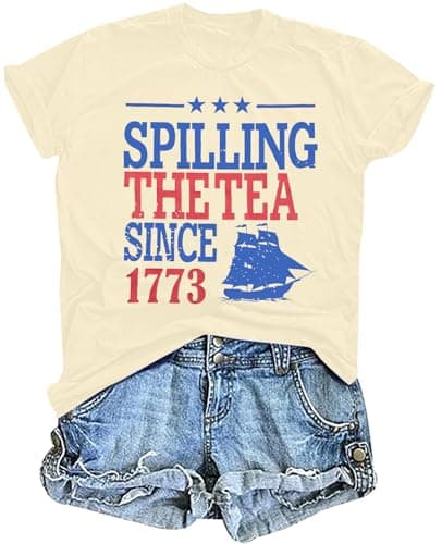 4th of July Shirts Women Spilling The Tea Since 1773 Shirt Patriotic Letter Print T-Shirt American Proud Tee Top Apricot - Image 1
